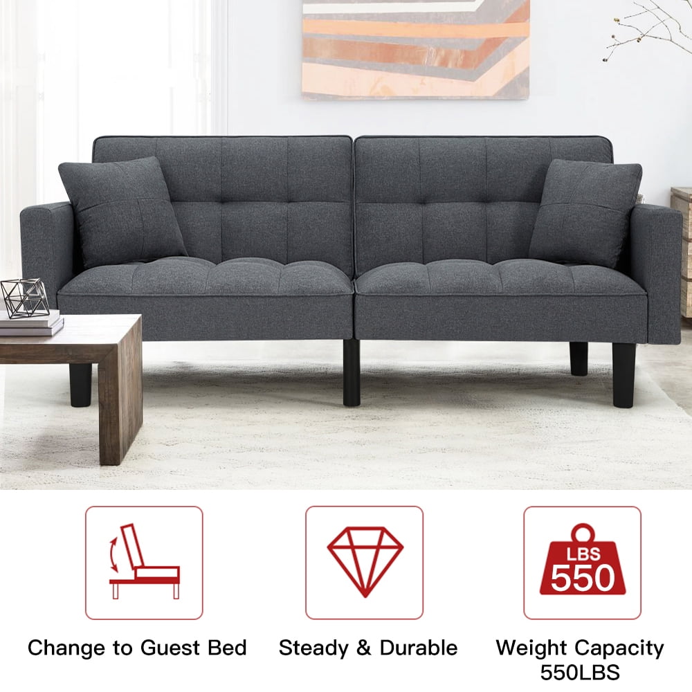 AVAWING Modern Upholstered Sofa Bed, Convertible Sectional Sofa, Upholstered Futon Linen Tufted Couch w/ 2 Pillows, Apartment, Gray