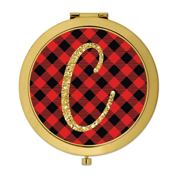 Koyal Wholesale Gold Compact Mirror Bridesmaid's Wedding Gift, Buffalo Red Plaid | Gold Glitter, Monogram Letter C, 1-Pk