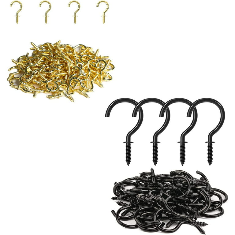 100 Pcs 1/2 Inch Gold Screw Hooks and 50 Pack 1-1/4 Black Cup Hooks Screw in