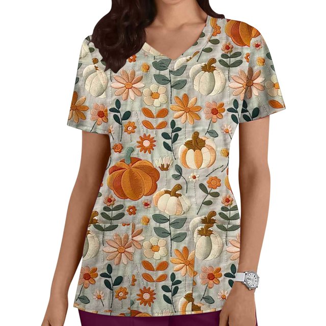 Fiudx Camisas para Mujer Topa de Trabajo con Bolsillo de Manga Corta y Estampado de Acción de Gracias con Cuello En V para Mujer