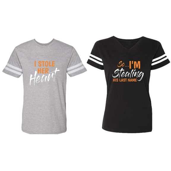 I Stole Her Heart So I am Stealing His Last name Matching Couple Cotton Jerseys (Men Heather / Women Black) (Men S / Women S)