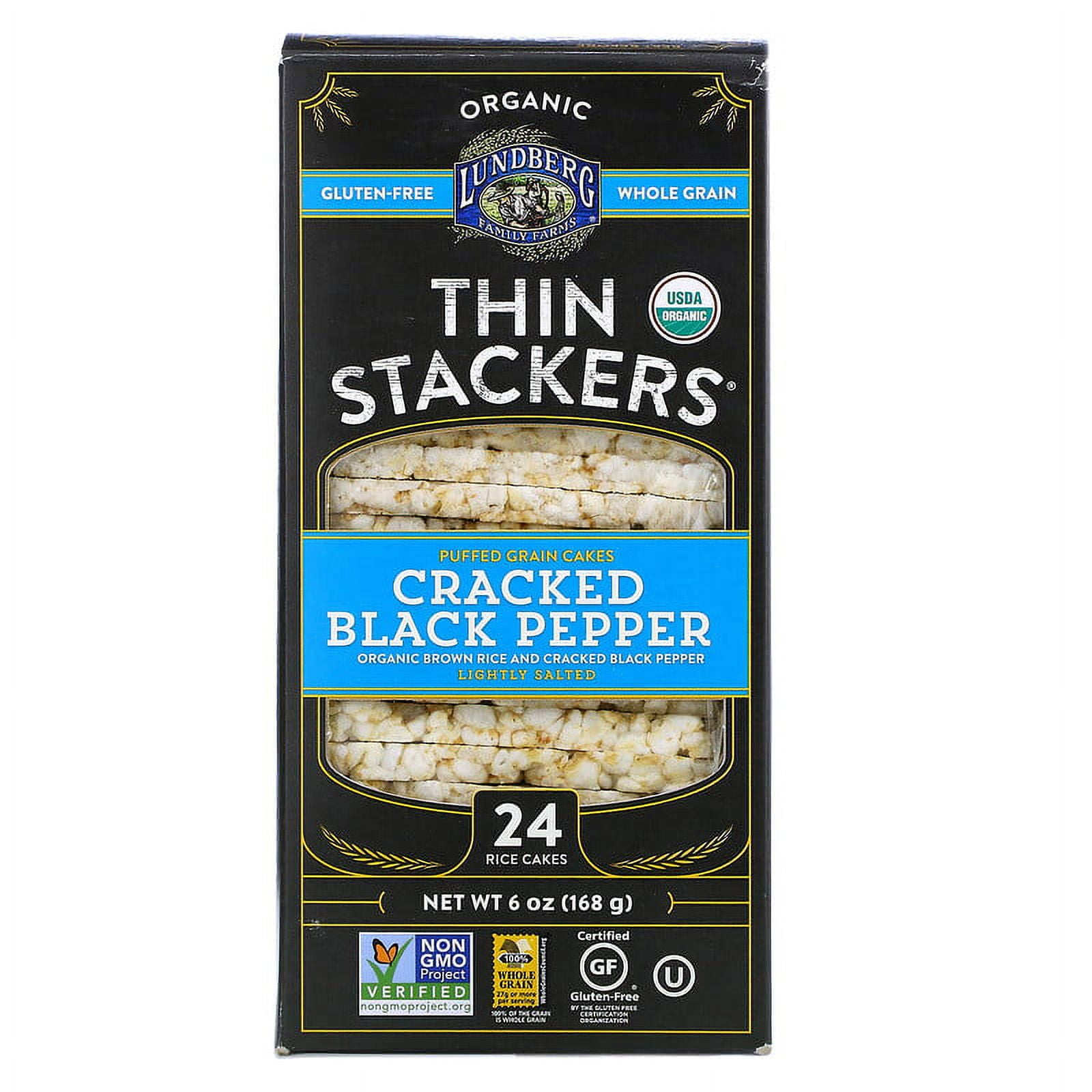 Lundberg, Organic Thin Stackers, Puffed Grain Cakes, Cracked Black Pepper, Lightly Salted, 24 Rice Cakes, 6 oz Pack of 3