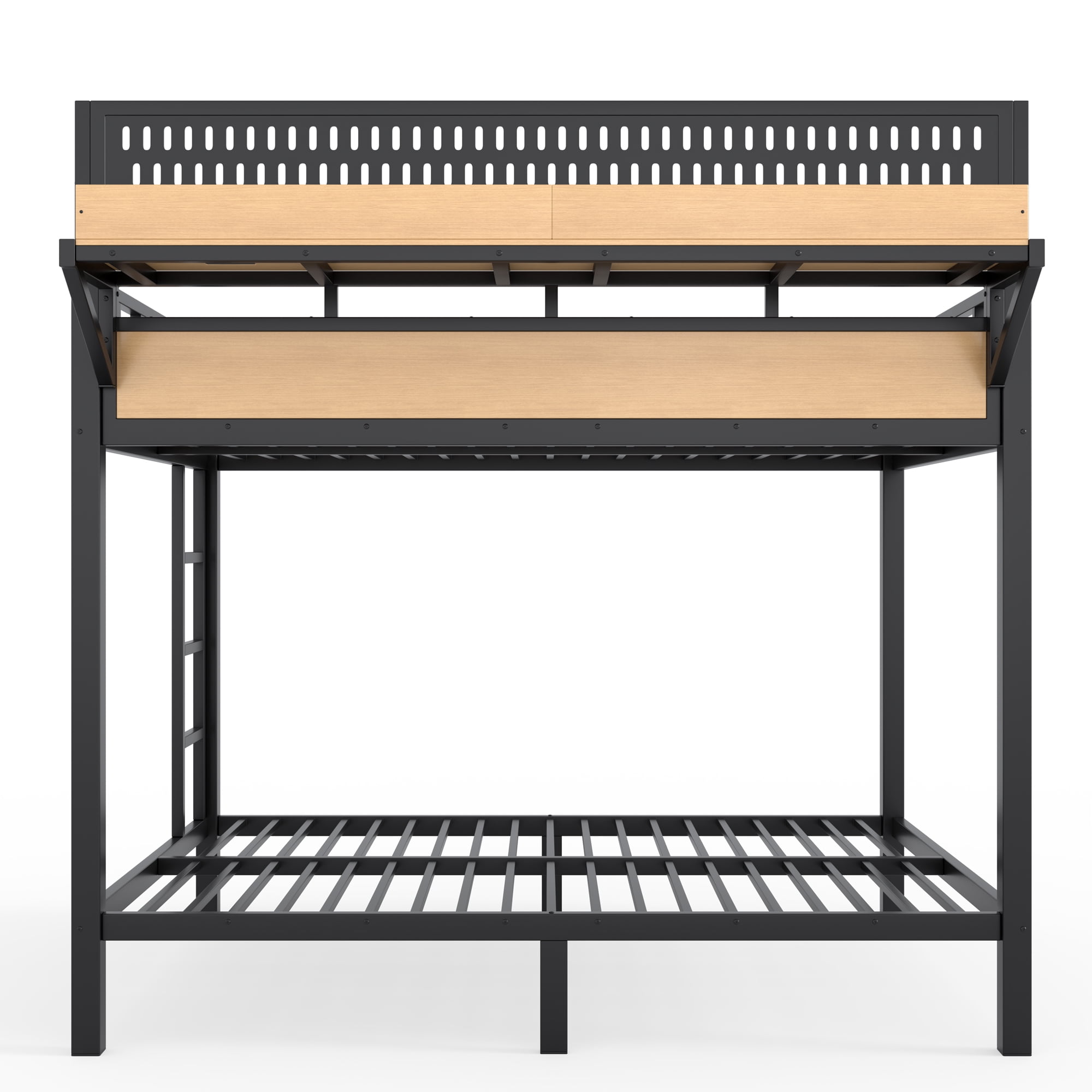 Leumius Metal Bunk Bed with Storage Shelves and Pegboard,Full over Full Size Bunk Bed Frame with USB Ports and LED Lights, Space-Saving,Natural