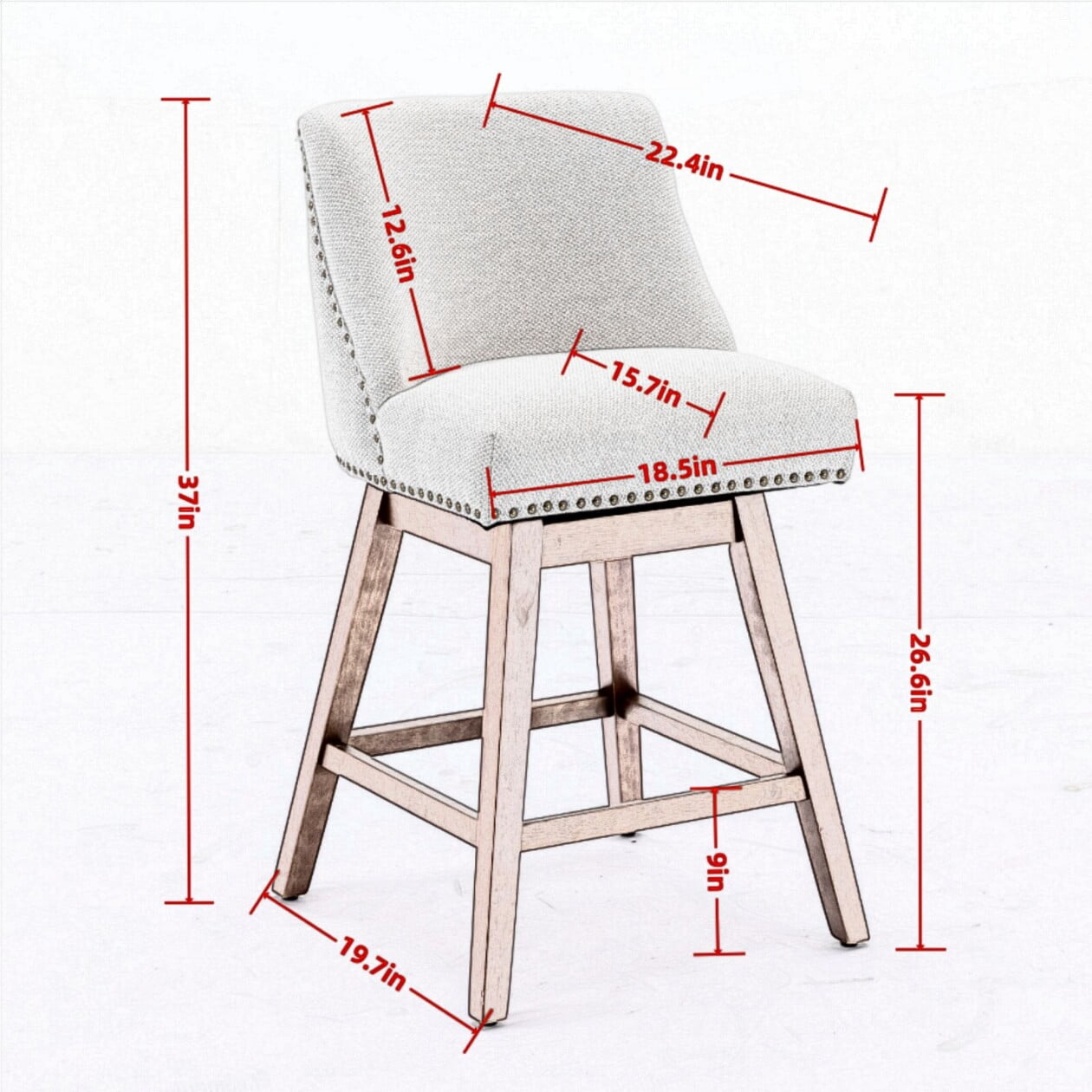 Swivel Bar Stools Set of 2, 26" Counter Height Bar Stools with Back & Footrest, Upholstered Kitchen Island Chairs with Built-in Nailhead Trim for Home Bar, Pub, Gray