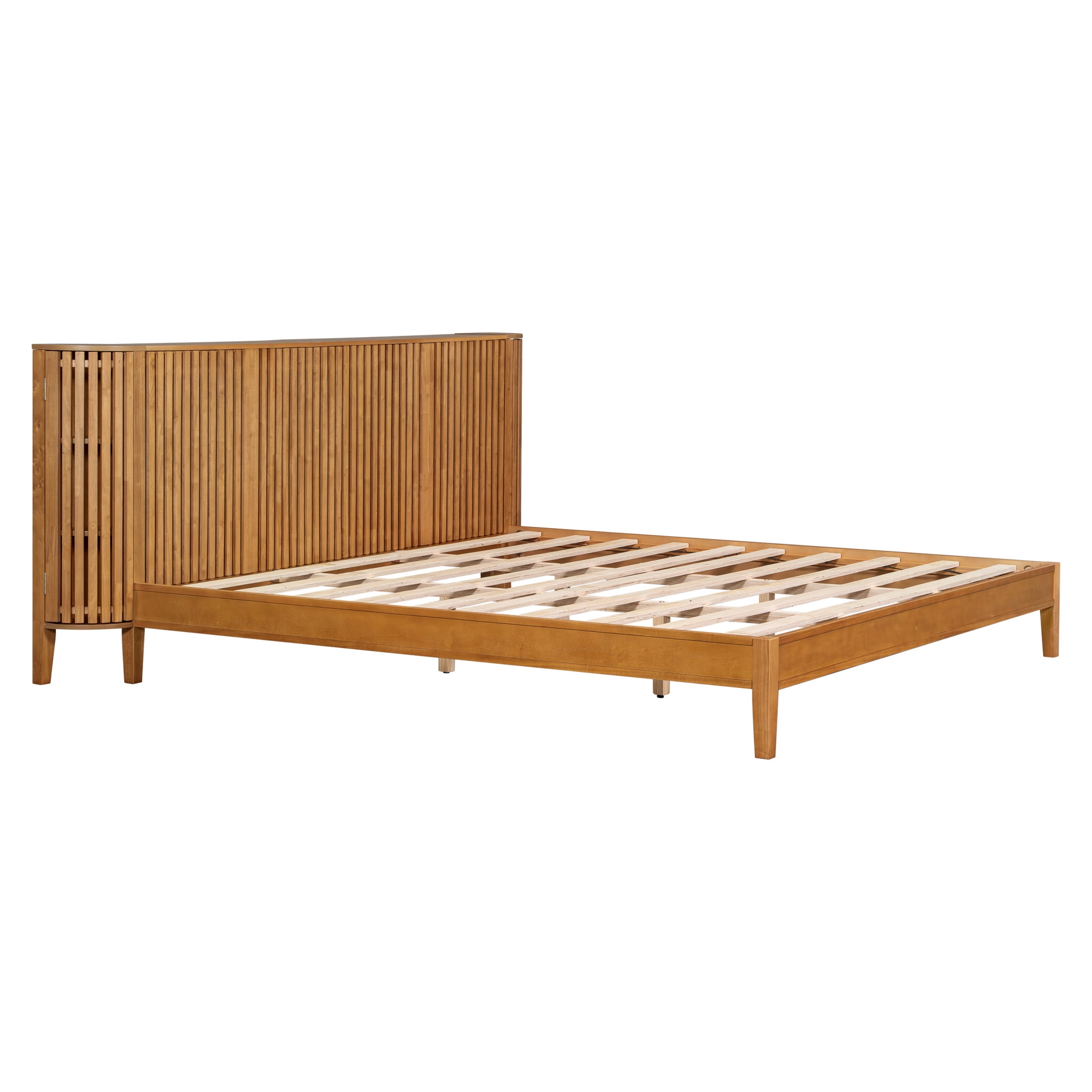 Christopher Knight Home King Size Pine Wood Bed Frame with Slat Headboard and Side Storage Cabinets, Natural