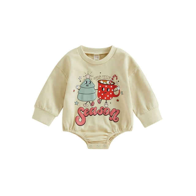 Faithtur Baby Girl Boy Romper, Long Sleeve Round Neck Tree/ Santa Print Buttons Decoration Spring Short Jumpsuit