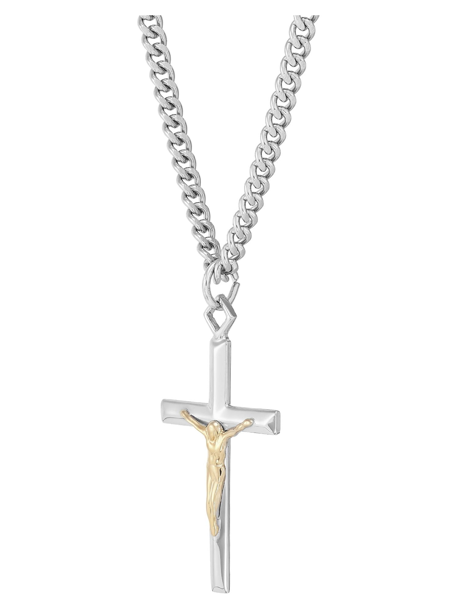 Brilliance Fine Jewelry Sterling Silver and 18KT Gold Plated Crucifix Cross on 24" Stainless Steel Chain Necklace