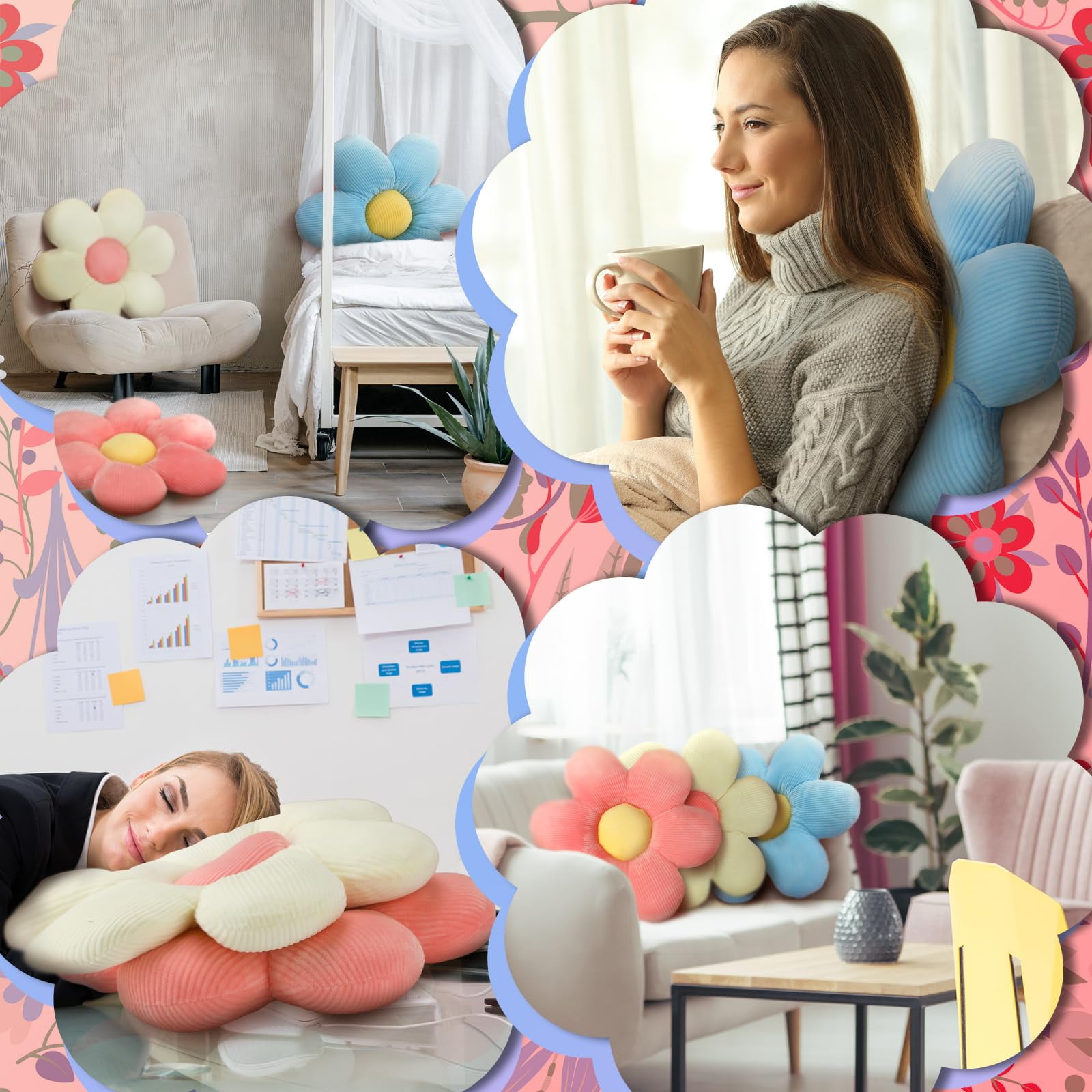 3pcs Flower Pillows Cute Plush Flower Throw Pillows Daisy, Floor Seat Cushion Chair Pads for Sofa Couch Bed Home Decor, 16 inch