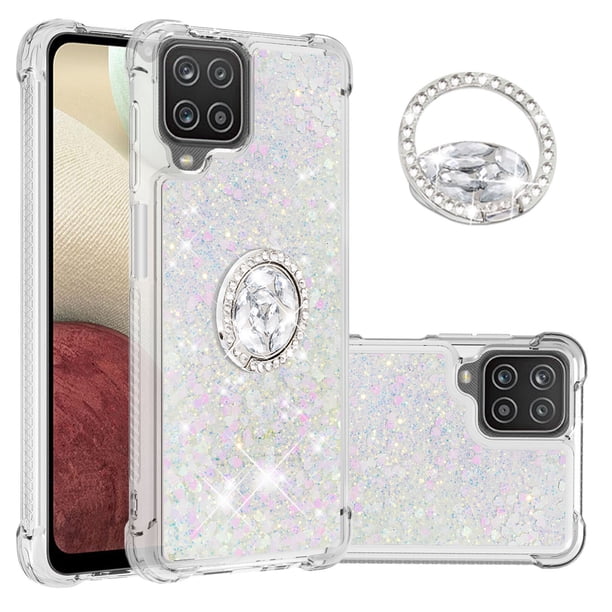 Funda para Samsung Galaxy A12 con Brillo Líquido Flotante, Purpurina, Parachoques y Anillo Giratorio Soporte