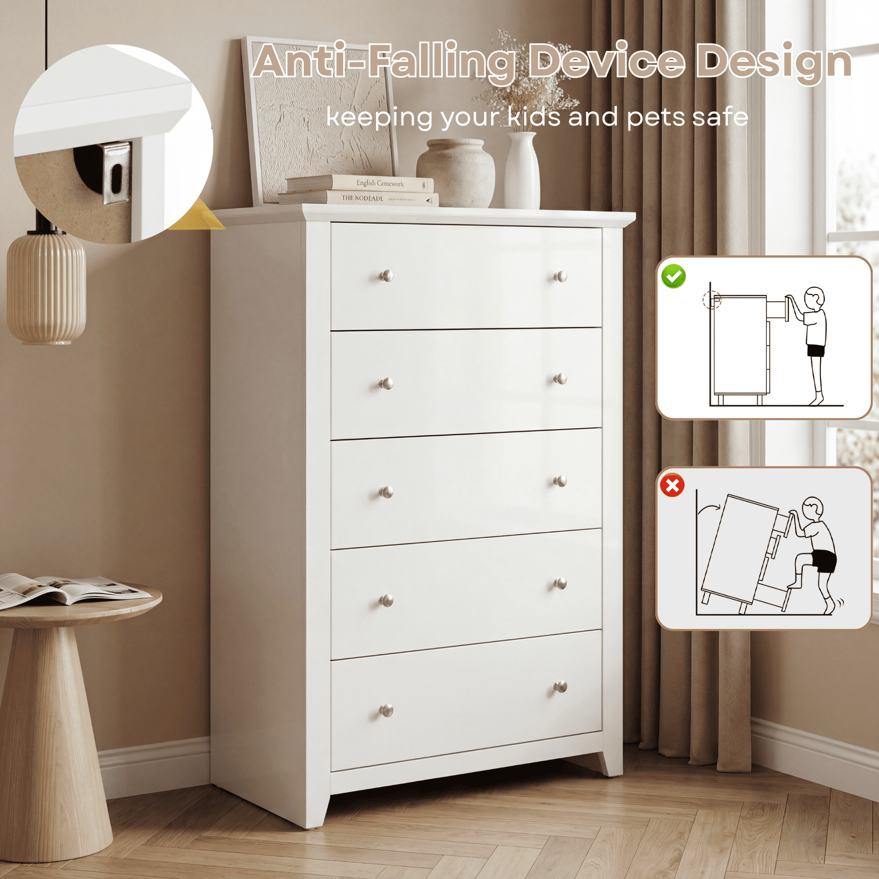 TrumanPick White Dresser for Bedroom, Tall Chest of Drawers for Living Room, Wooden Dressers 31.2"W x 17"D x 47"H for Nursery Hallway Closet