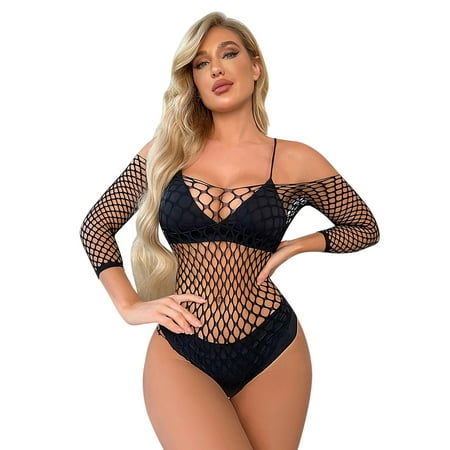 Midwennn Women Lingerie Long Sleeves Fishnet Bodysuit Sexy Mesh Teddy Underwear Lingerie Bra