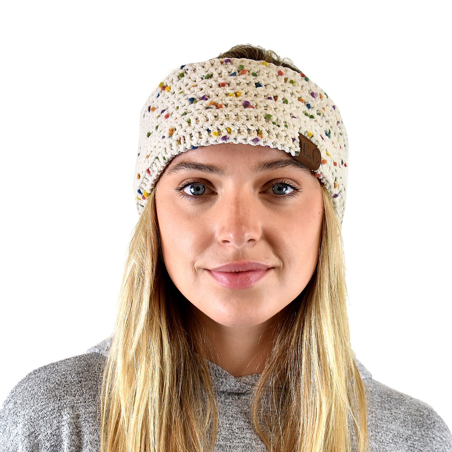 C.C Soft Stretch Winter Warm Cable Knit Fuzzy Lined Ear Warmer Headband, Chenille Confetti Oatmeal - image 2 of 4