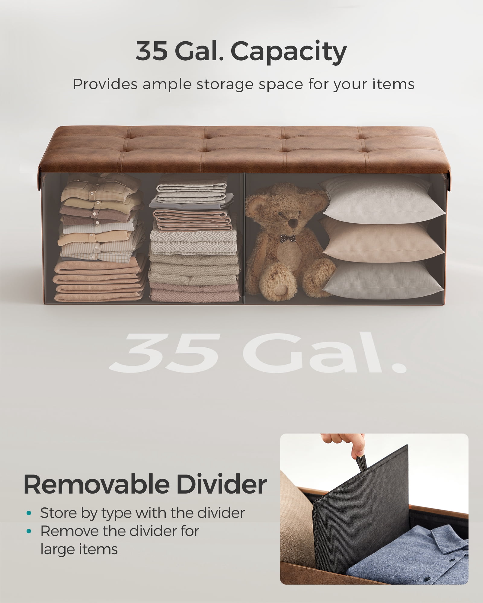 SONGMICS 43" Storage Ottoman Bench Folding Ottoman with Storage Hold up to 660lb for Living Room Bedroom Coffee Brown