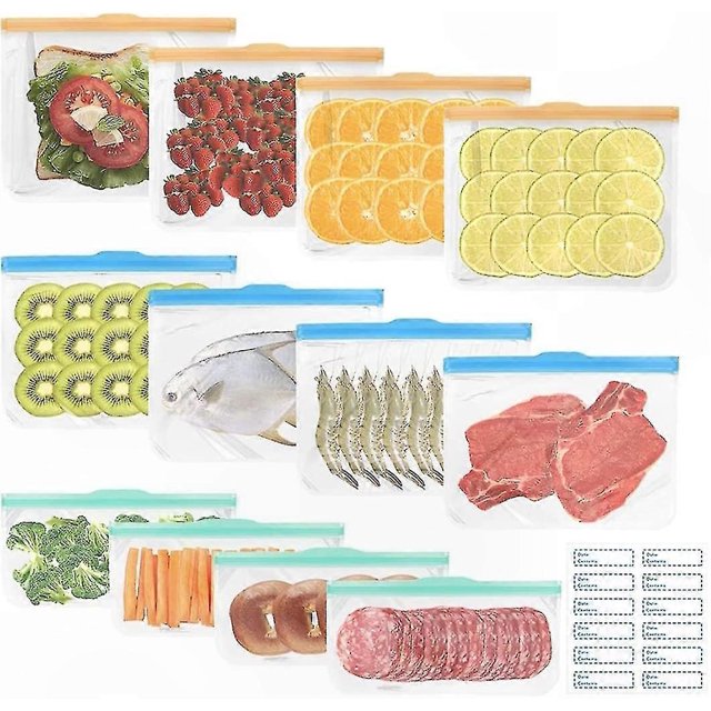 Eco-Friendly Reusable Silicone Bags, BPA-Free Food Storage with Triple Zip Lock, Leakproof Design, Includes Freezer Labels - 12 Pack
