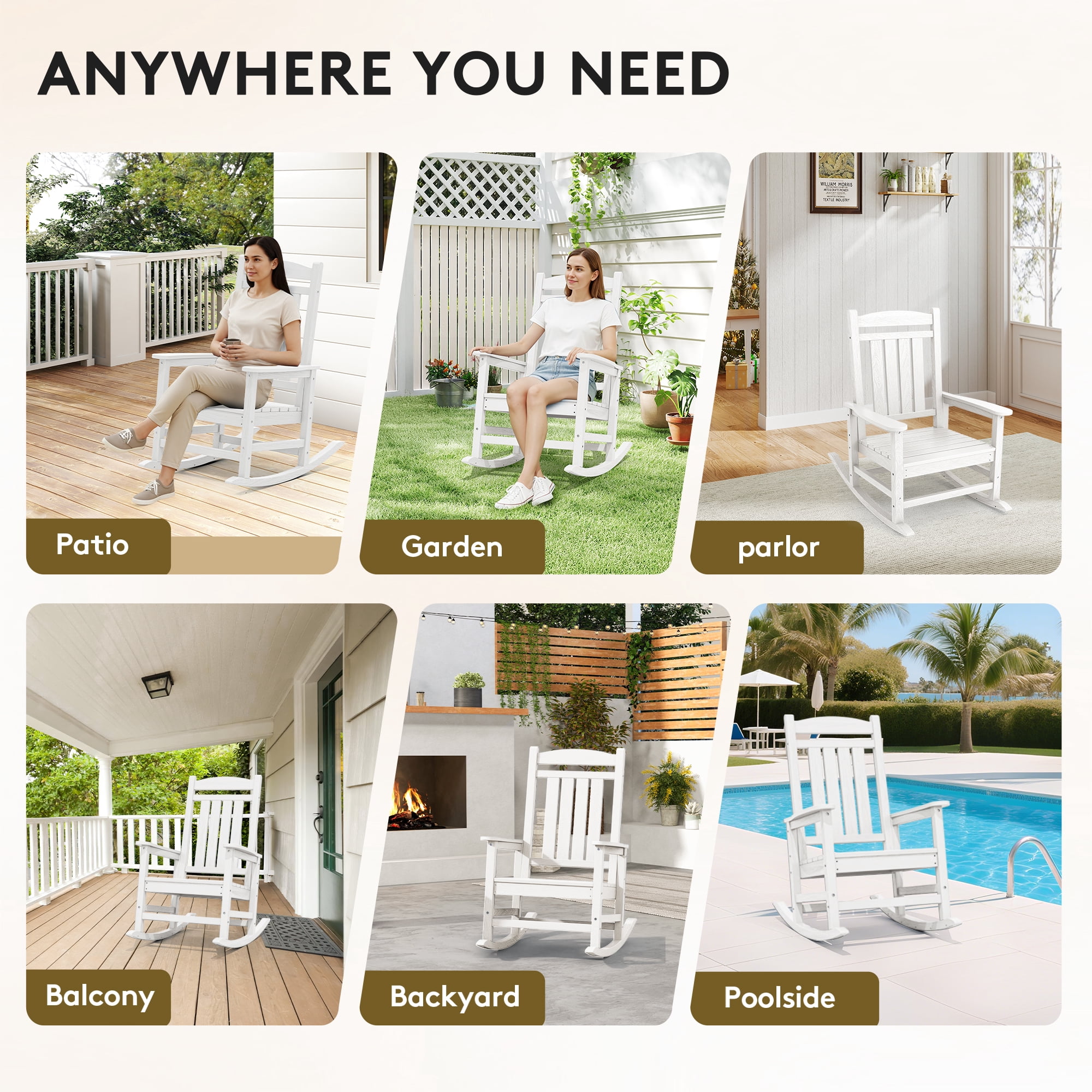 KINGYES Outdoor Rocking Chair Set of 2, HDPE Patio Rocking Chair, Heavy Duty Front Porch Rocker, White