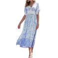 thumbnail image 4 of xiaxaixu Robes d'Été pour Femmes 2023 Manches Courtes V Robe Florale Décontractée Boho Fente Fluide Longue Robe, 4 of 4