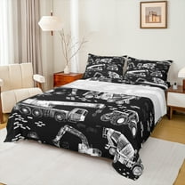 Feelyou Boys Construction Truck Queen Sheet Sets, Tractor Machinery Flat Sheet, Black Grey Vehicle Queen Fitted Sheet, Microfiber Bedroom Decor, 4 Pieces