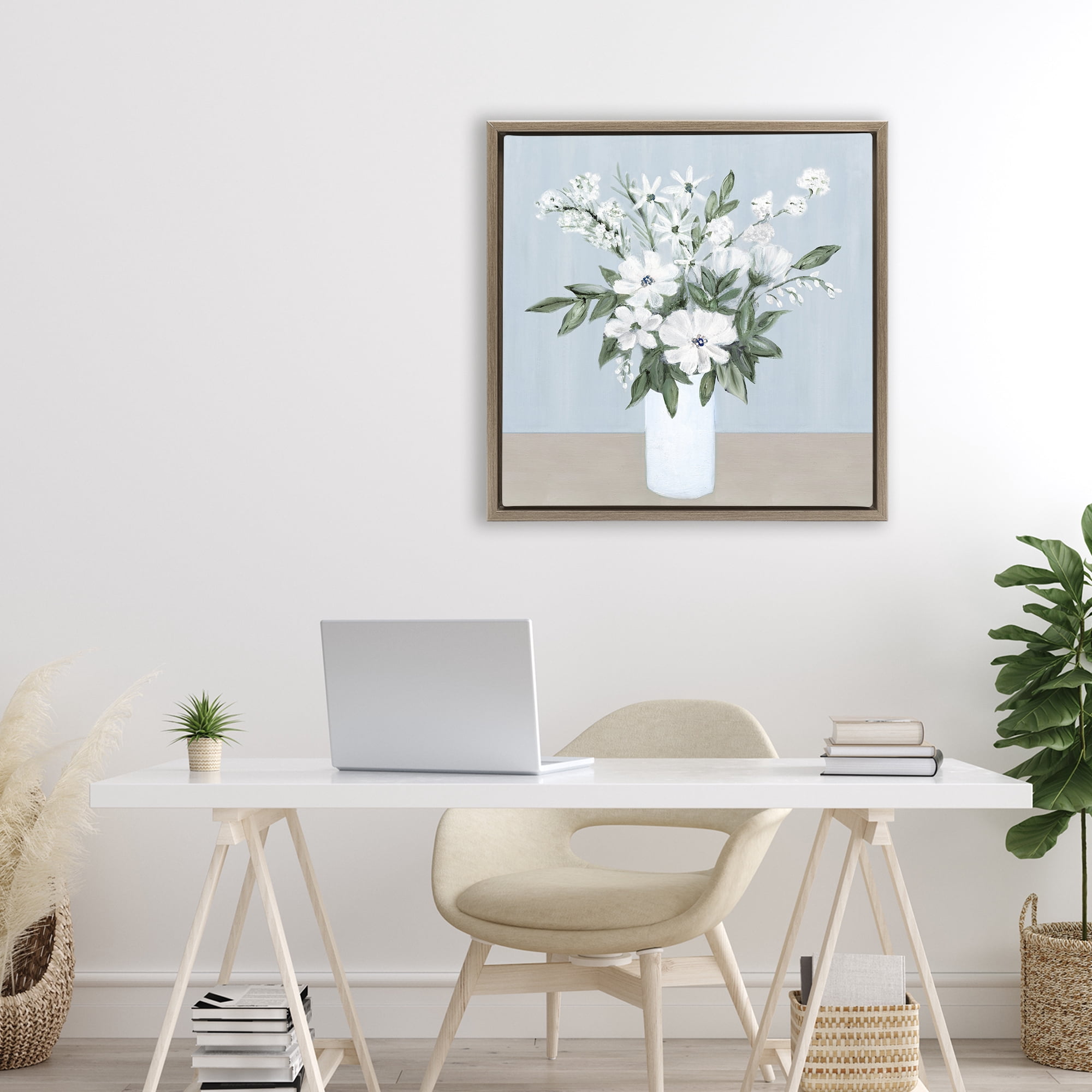 Stupell Industries Mixed White Blooms on Blue Brown Framed Floater Canvas Wall Art, design by Marilyn Dunlap