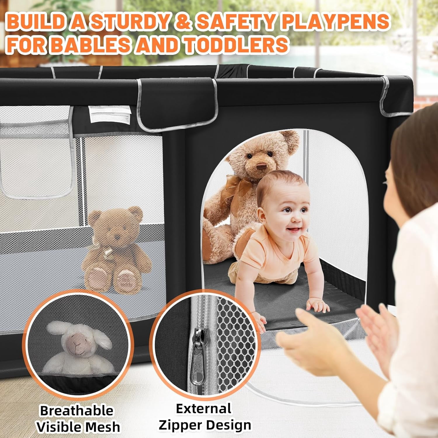 kmaier Baby Play Yards 360° Visual Playpen,Handle and Storage Bag Attached, Black