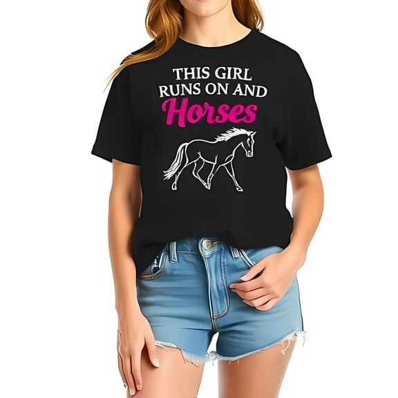 Cotton Short Sleeve T-Shirt for Women - Equestrian Style with White Horse Outline & Pink " This Girl Runs on Horses " Text