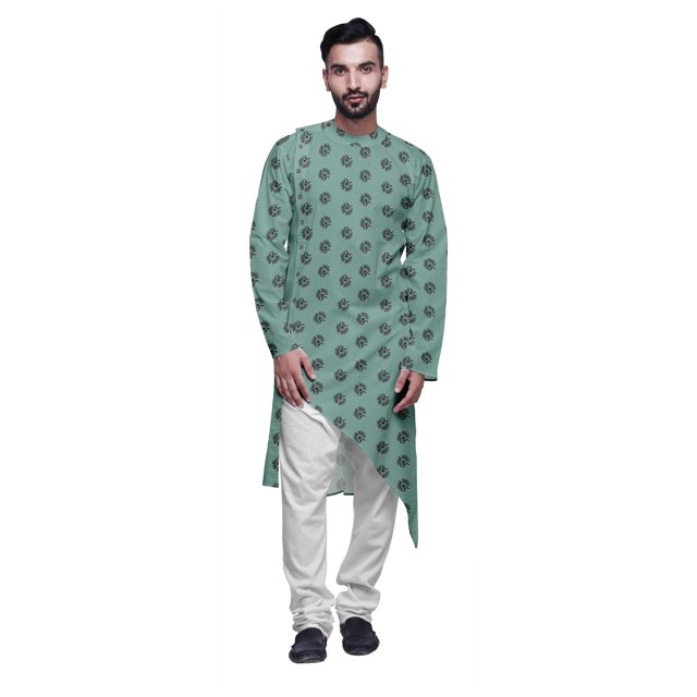 Atasi Kurta Asymétrique de Fête Indienne avec Ensemble de Pyjama Churidar Blanc pour Hommes