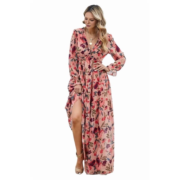 Women'S Boho Maxi Dress V Neck Puff Long Sleeve Ruffle A-Line Split Swing Chiffon Dresses