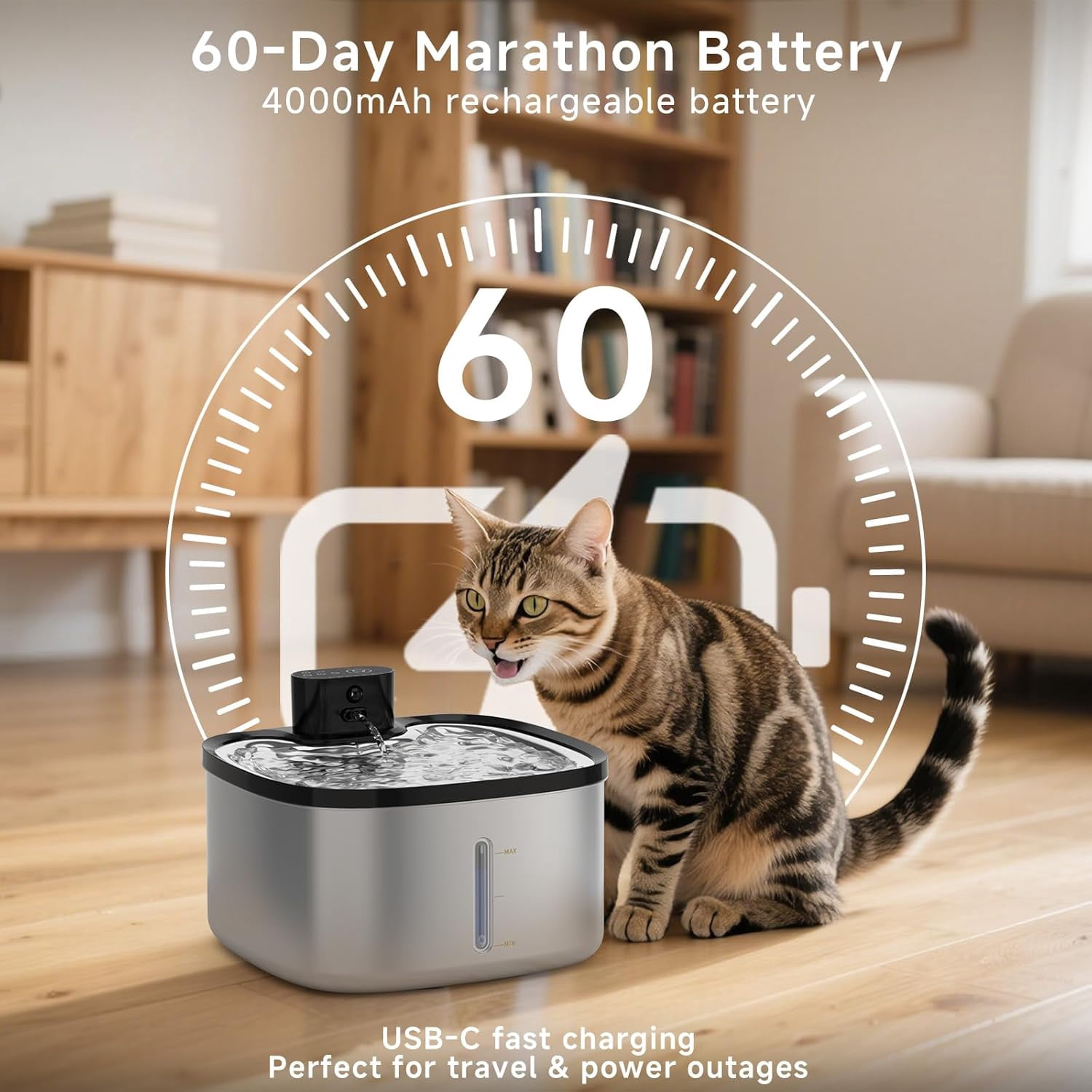 Cordless Stainless Steel Cat Water Fountain with Motion Sensor, Ultra Quiet Pump, Rechargeable & Multi-Filtration, 118oz/3.5L Automatic Pet Water Dispenser Indoor