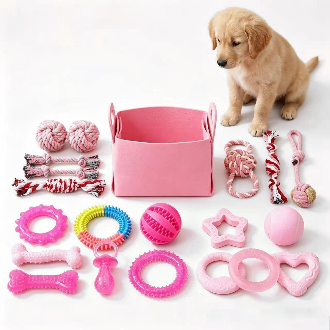 Puppy Toys Set - 20 Pack Pink Dog Chew Toys for Teething Small Breeds - Tough Rope Toys for Puppies, Cute Soft Rubber Toys Bundle with Basket for Girl Pets