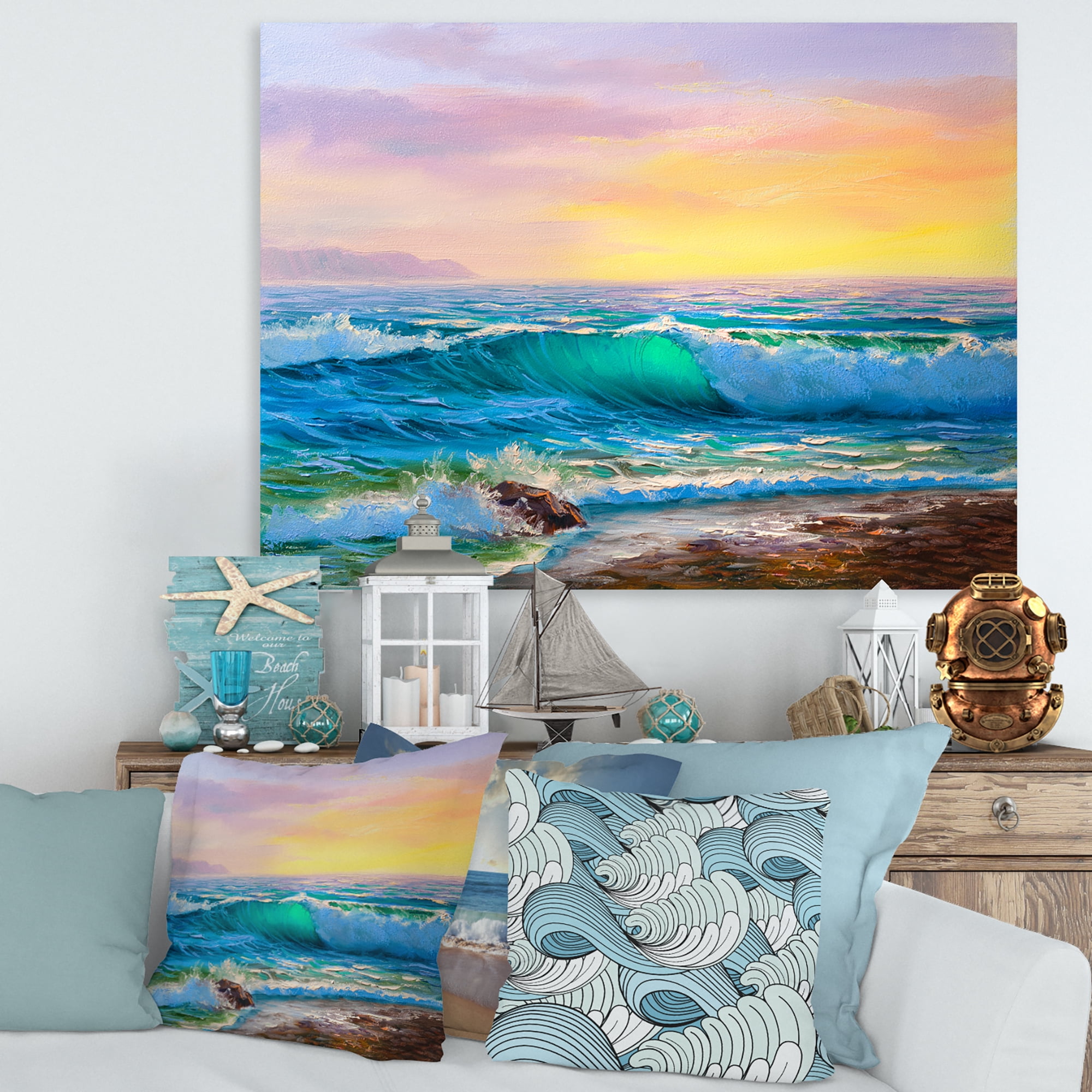 Blue Waves Breaking At The Beach Landscape IV 8 in x 12 in Painting Canvas Art Print, by Designart
