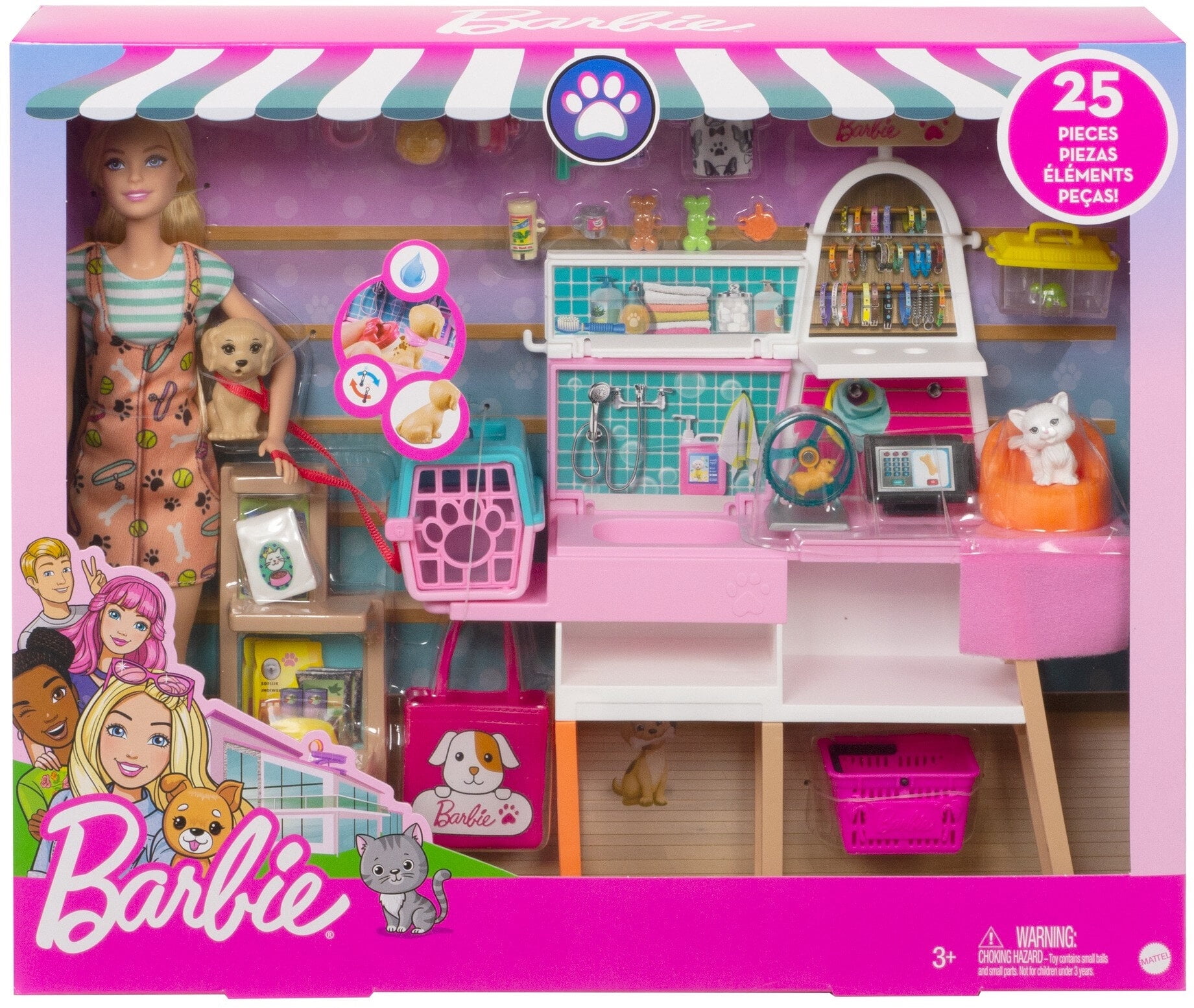 Barbie Doll and Pet Boutique Playset with 4 Pets, 20+ Themed Accessories and Color Change, Toy 3 Years and Up