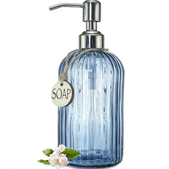 18Oz Navy Blue Glass Soap Dispenser for Kitchen and Bathroom Refillable Kitchen soap Dispenser with Vertical Stripe Bathroom Soap Dispenser for Dispense Hand soapand Dish Soap.
