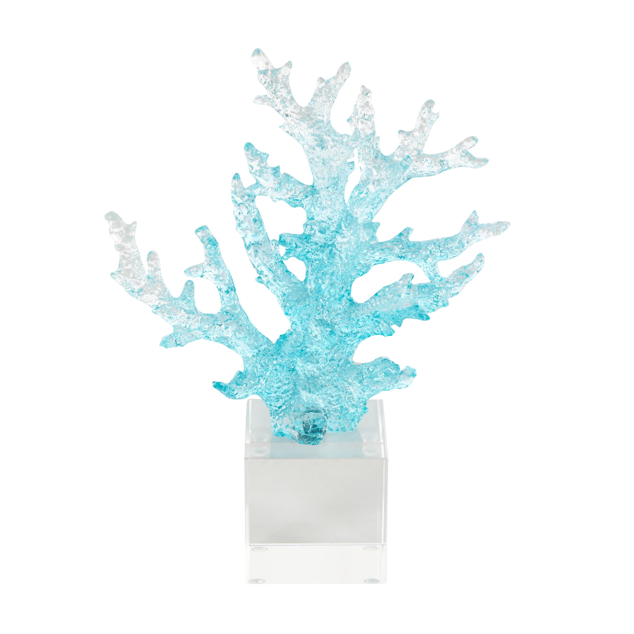 8" x 11" Blue Glass Ombre Coral Sculpture with Clear Square Base, by DecMode