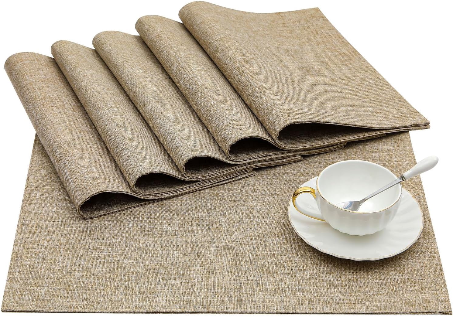 Fabric Placemats Set of 6 Machine Washable Thickened Cloth Table Placemats Heat Resistant Non Slip Table Mats Double Layer Place Mats, Beige