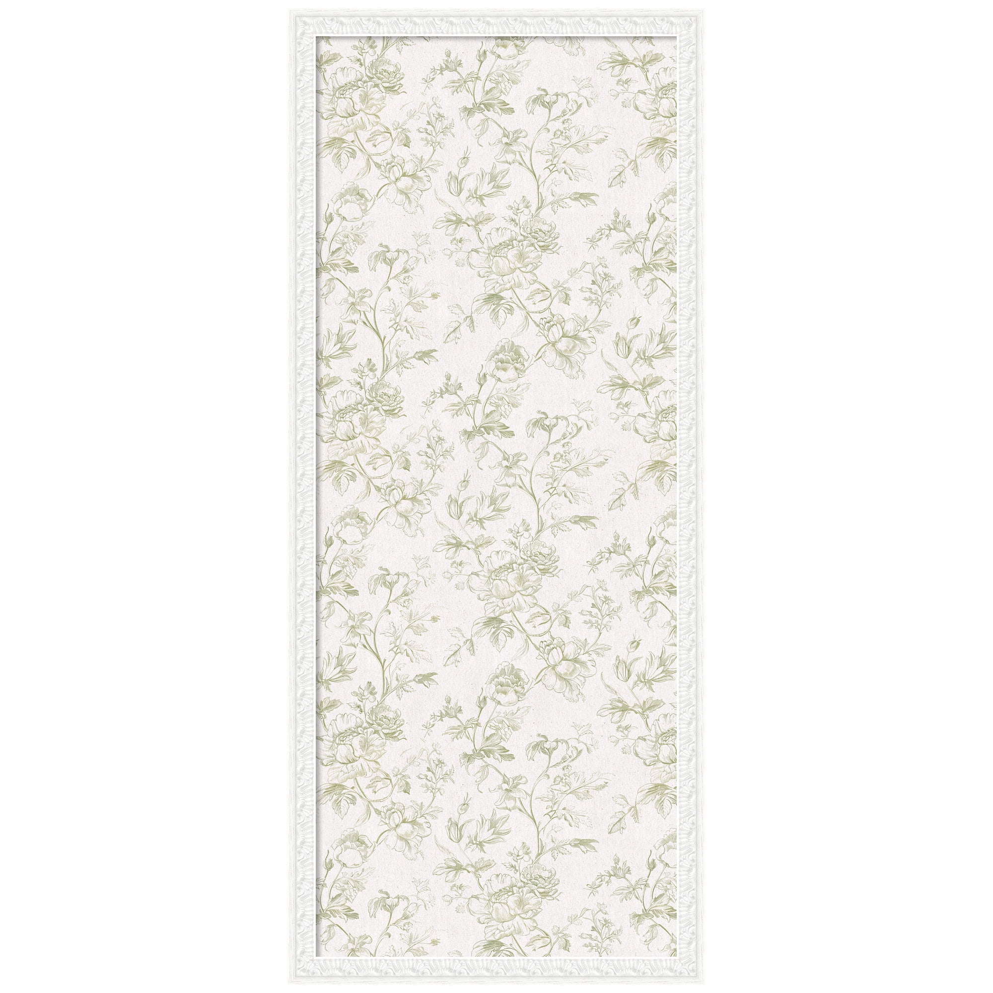 Kate and Laurel Framed Fabric Pinboard 18 x 42, Green and White Floral Toile Printed Linen Traditional Bulletin Board for Use as a Vision Board or Wall Organization, Bethany White Frame