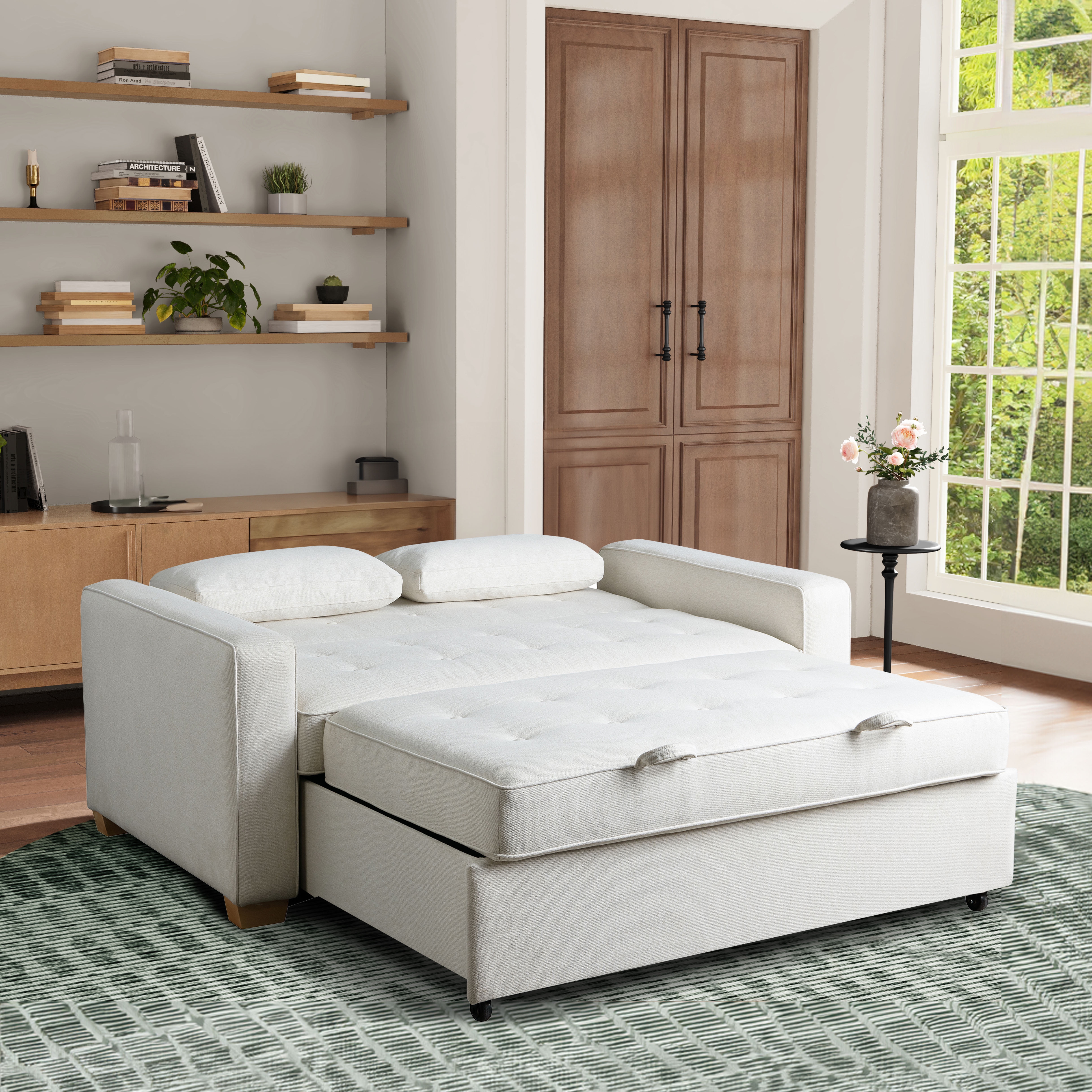 Serta Monroe Modern Convertible Loveseat with Full Size Sleeper, Oyster Woven Fabric Serta Monroe Modern Convertible Loveseat with Full Size Sleeper, Oyster Woven Fabric