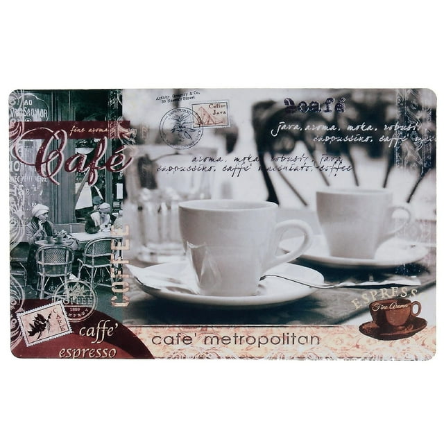 Plastic placemat with vintage-style design showing two white coffee cups on saucers, café scenes, and decorative text related to coffee.