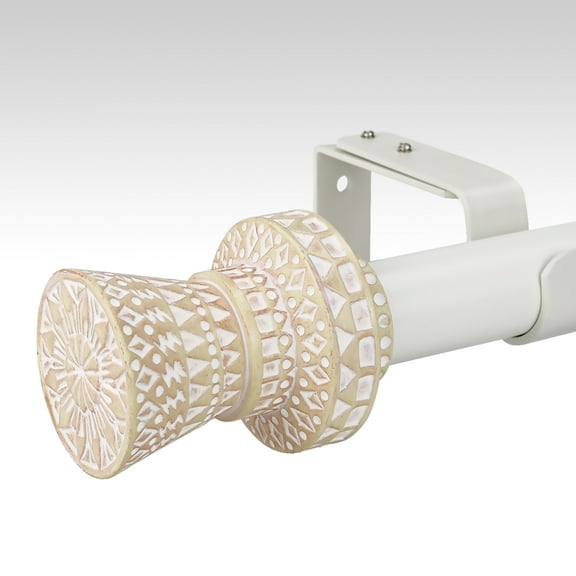 Modern Boho Style Single Curtain Rod Set with Round Carved Finial,36-72 inch, Standard Single White Drapery Rod for 1 Pack, 1-1/8 inch diameter, Adjustable Length