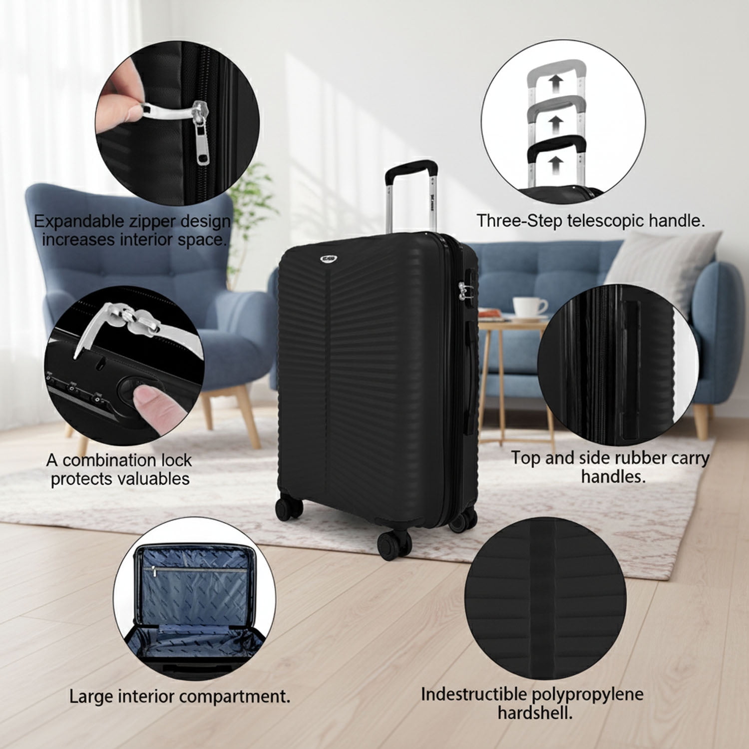 3 Piece Hardside Luggage Set Expandable Suitcase with Spinner Wheels,Lightweight Hardshell Suitcase Set 20in24in28in, Black, SQ249