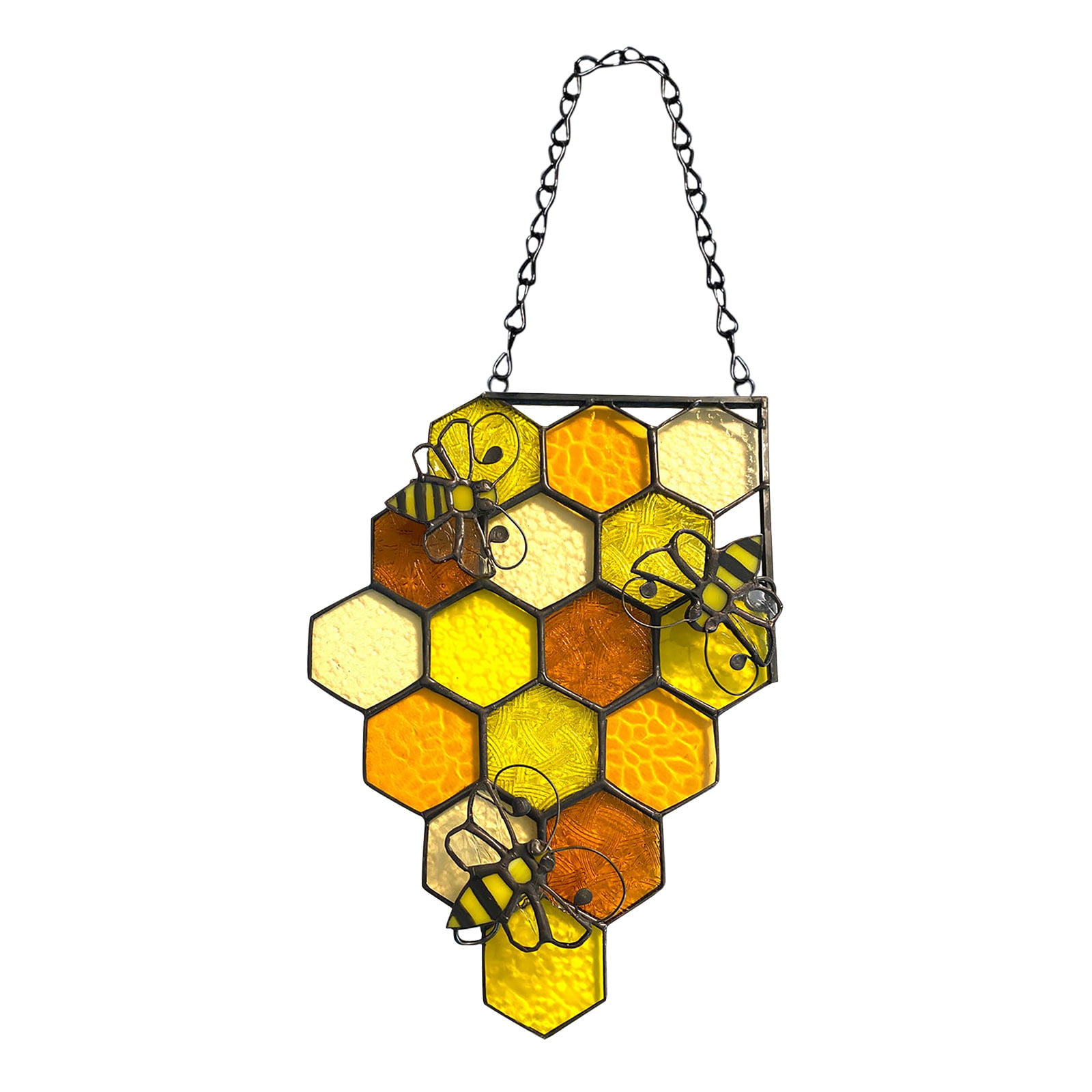 Stained Glass Sun Catcher Amber and Gold Honeycomb with Queen Bee
