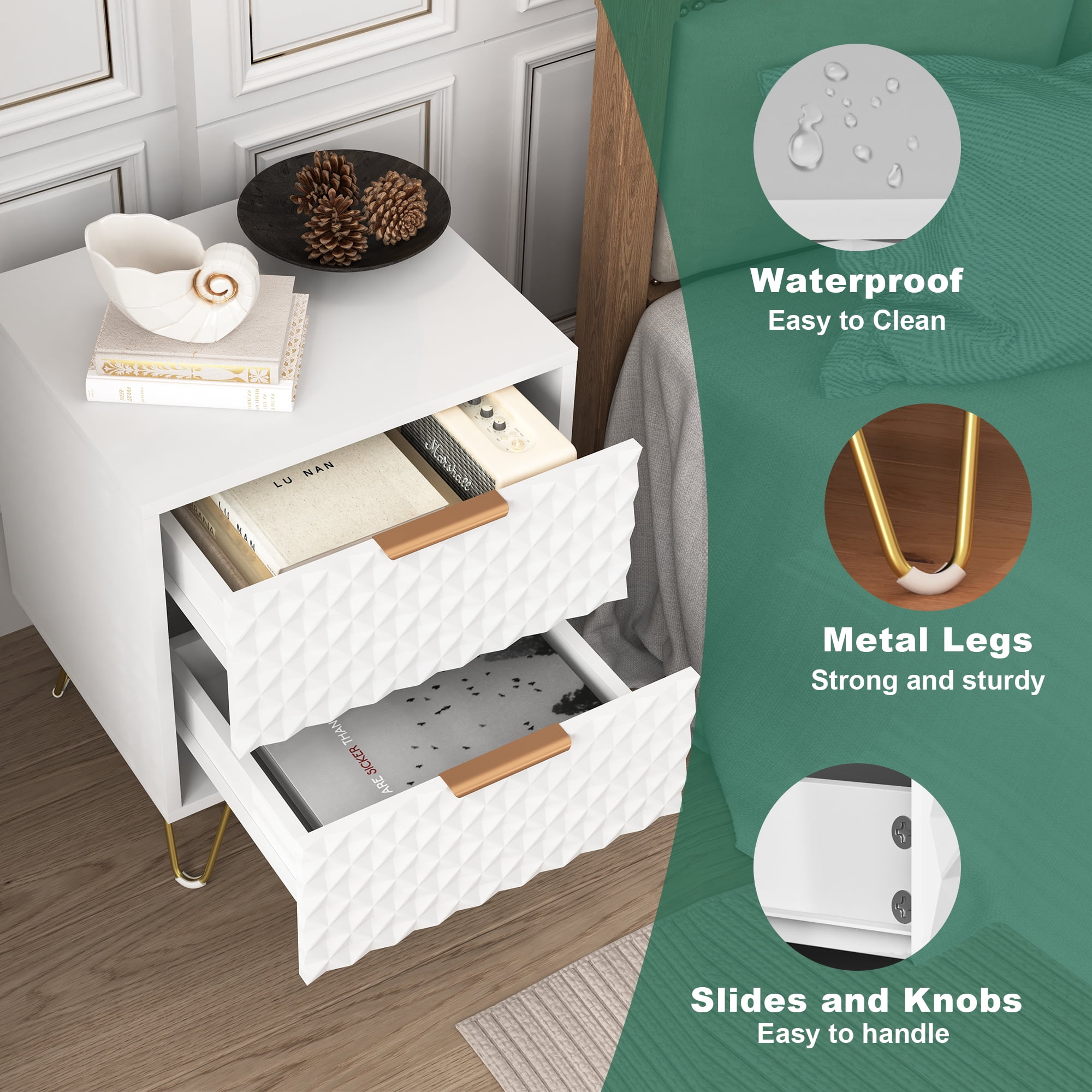 Finihen Carved Nightstand Single, Luxury Carving Board 2-Drawer Night Stand Bed Side Table with Metal Legs, for Bedroom Living Room, White Finihen Carved Nightstand Single, Luxury Carving Board 2-Drawer Night Stand Bed Side Table with Metal Legs, for Bedroom Living Room, White