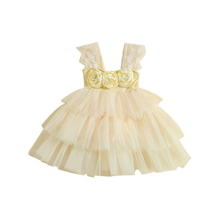 

Musuos Baby Girls Princess Party Dress 3D Flower Lace Straps Layered Tulle Tutu Dresses