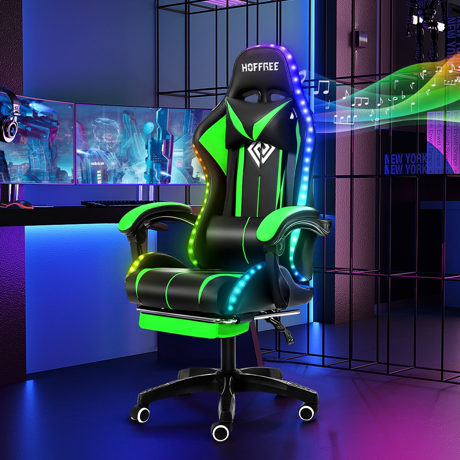 Hoffree Gaming Chair with Bluetooth Speakers and Footrest Massage Office Chair with LED Lights Ergonomic Game Chair High Back with Lumbar Support and Headrest Adjustable Swivel for Adults 300lb