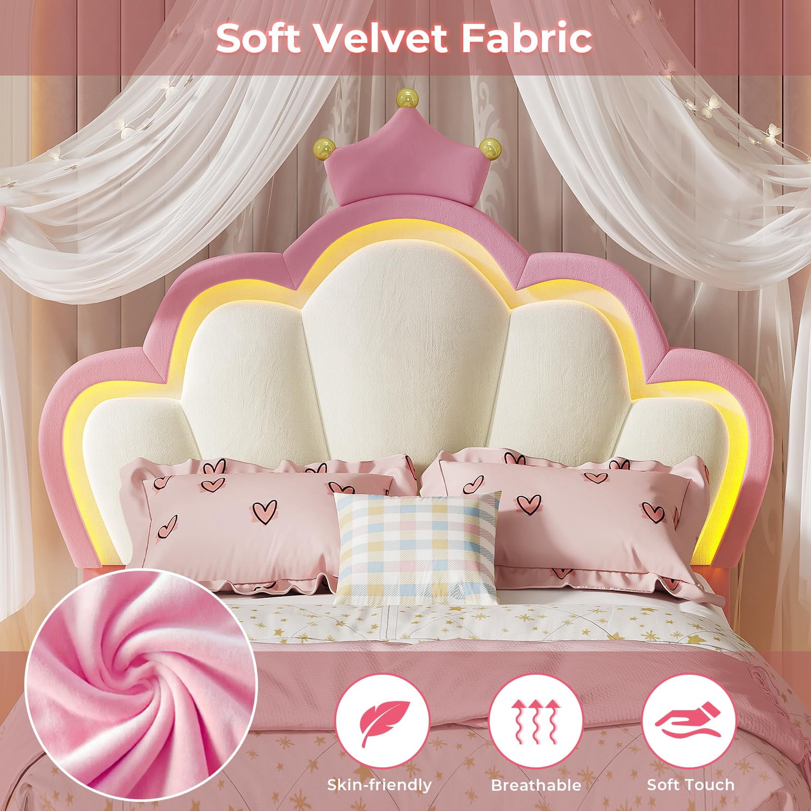 Afuhokles Twin Size Bed Frame with LED Lights and Princess Crown, LED Velvet Upholstered Platform Bed Frame with Adjustable Headboard, Pink