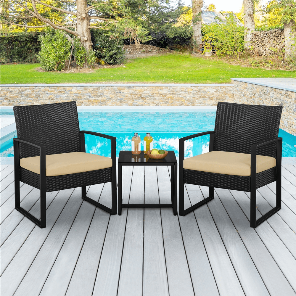 Yaheetech 3-Piece Modern Patio Set Rattan Chairs & Table for Garden, Black/ Khaki