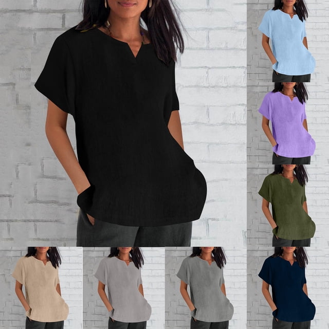 Fanxing Hauts d'Été en Lin pour Femmes Tendance Col en V Vêtements Boho Printemps Hauts pour Femmes 2025 S-3TG