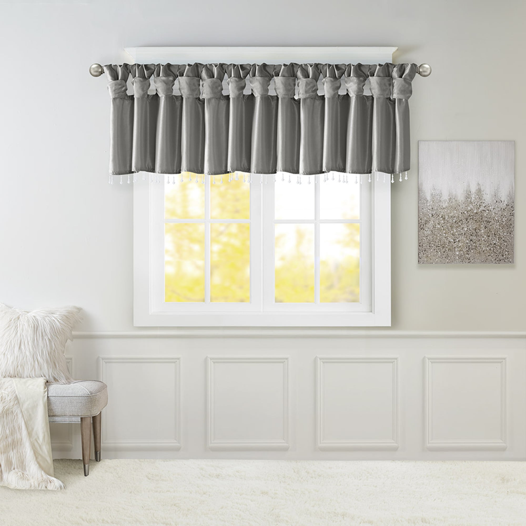 Lightweight Faux Silk Valance With Beads Charcoal 50x26"