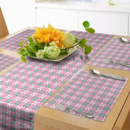 

Floral Table Runner & Placemats Spring Flower Motifs in White and Green Chain Pattern on Pink Background Set for Dining Table Placemat 4 pcs + Runner 16 x72 Pale Pink White Teal by Ambesonne