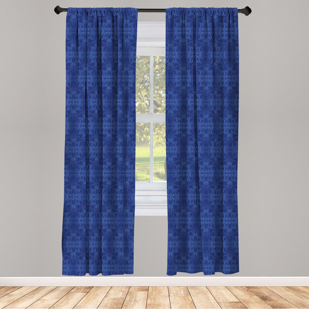 Navy Blue Curtains 2 Panels Set, Antique Baroque Damask Inspired Motifs Abstract Flowers