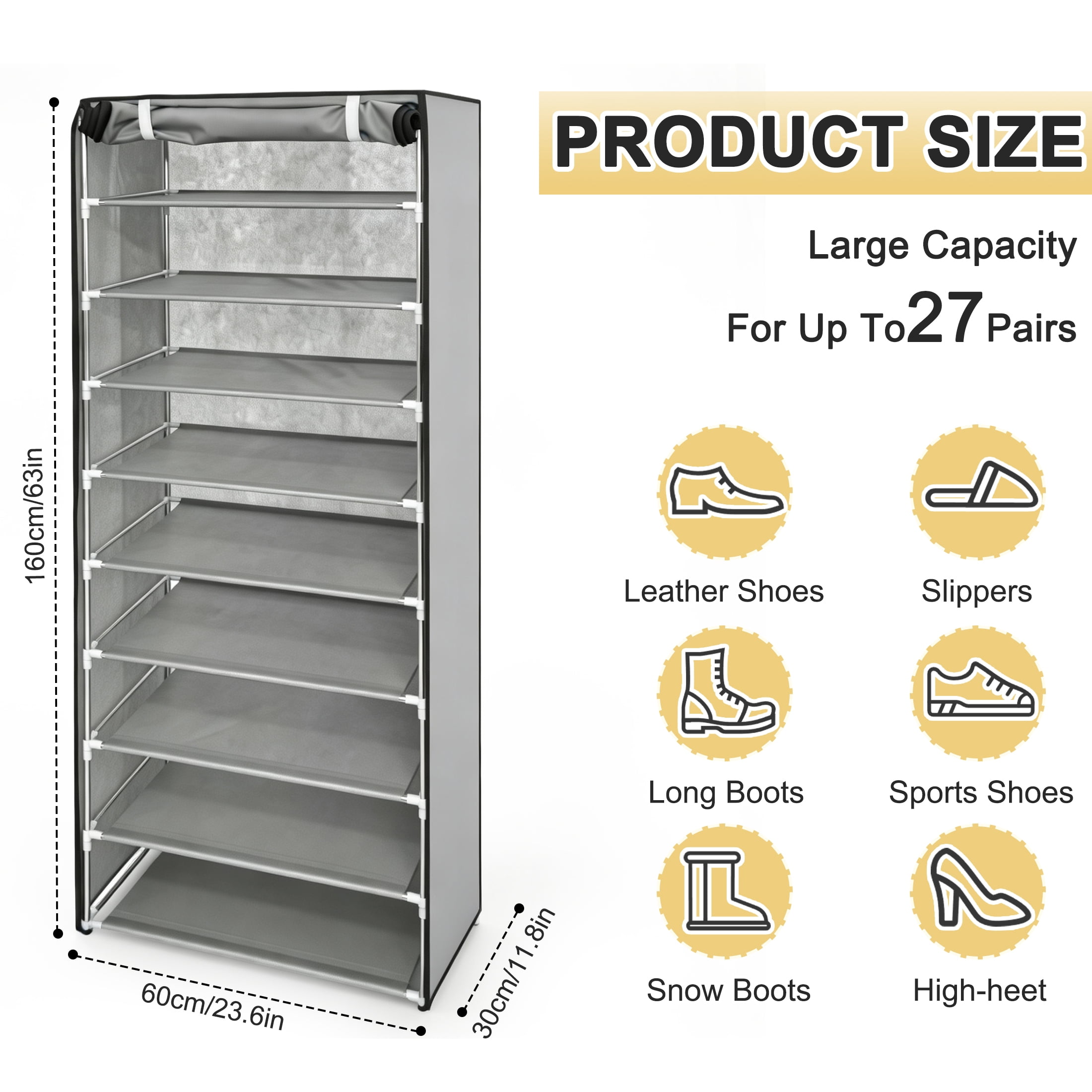 10 Tier Shoe Rack with Dustproof Cover, Tall Shoe Storage Organizer for 27 Pairs, Removable Shelves, Space-Saving Shoe Cabinet for Entryway Bedroom Closet, Grey