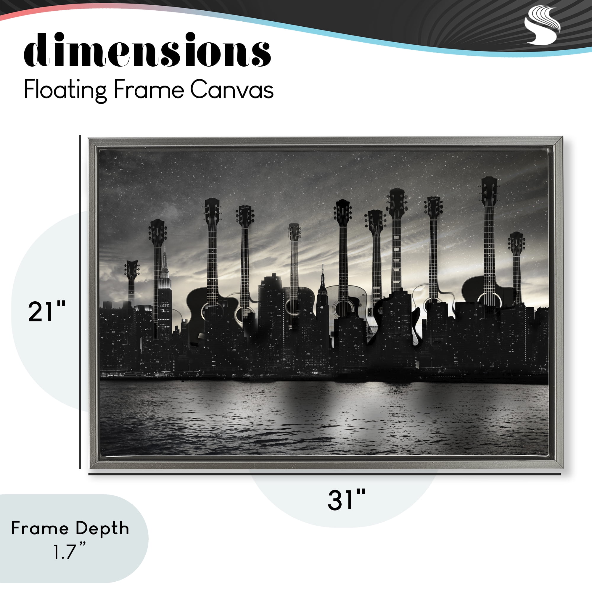 Stupell Industries Guitar Skyline Cityscape Gray Framed Floater Canvas Wall Art, design by CAD Designs